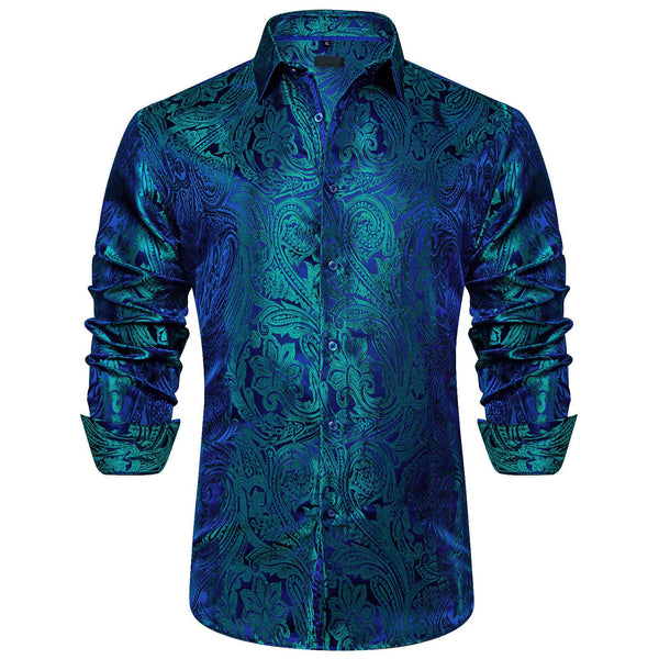 Ties2you Teal Blue Dress Shirt Long Sleeve Paisley Button Down Shirt