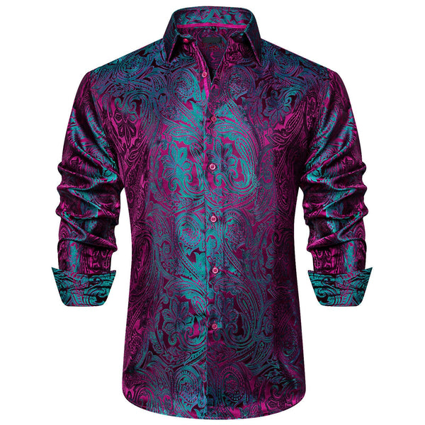 Ties2you Teal Blue Dress Shirt for Men Button Down Long Sleeve Paisley Shirt for Business