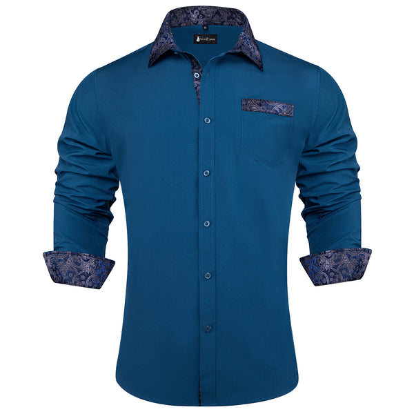 Ties2you Classic Blue Shirt Mens Splicing Long Sleeve Button Down Business Shirt