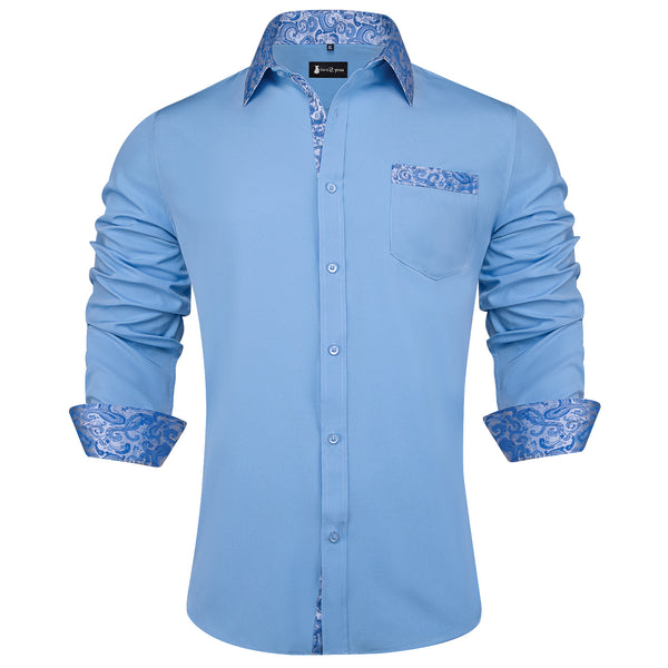 Ties2you Dusty Blue Shirt Mens Splicing Solid Long Sleeve Casual Button Down Shirt