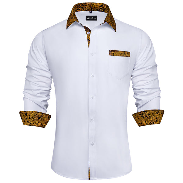 Ties2you Splicing Shirt White Gold Button Down Long Sleeve Shirt for Men