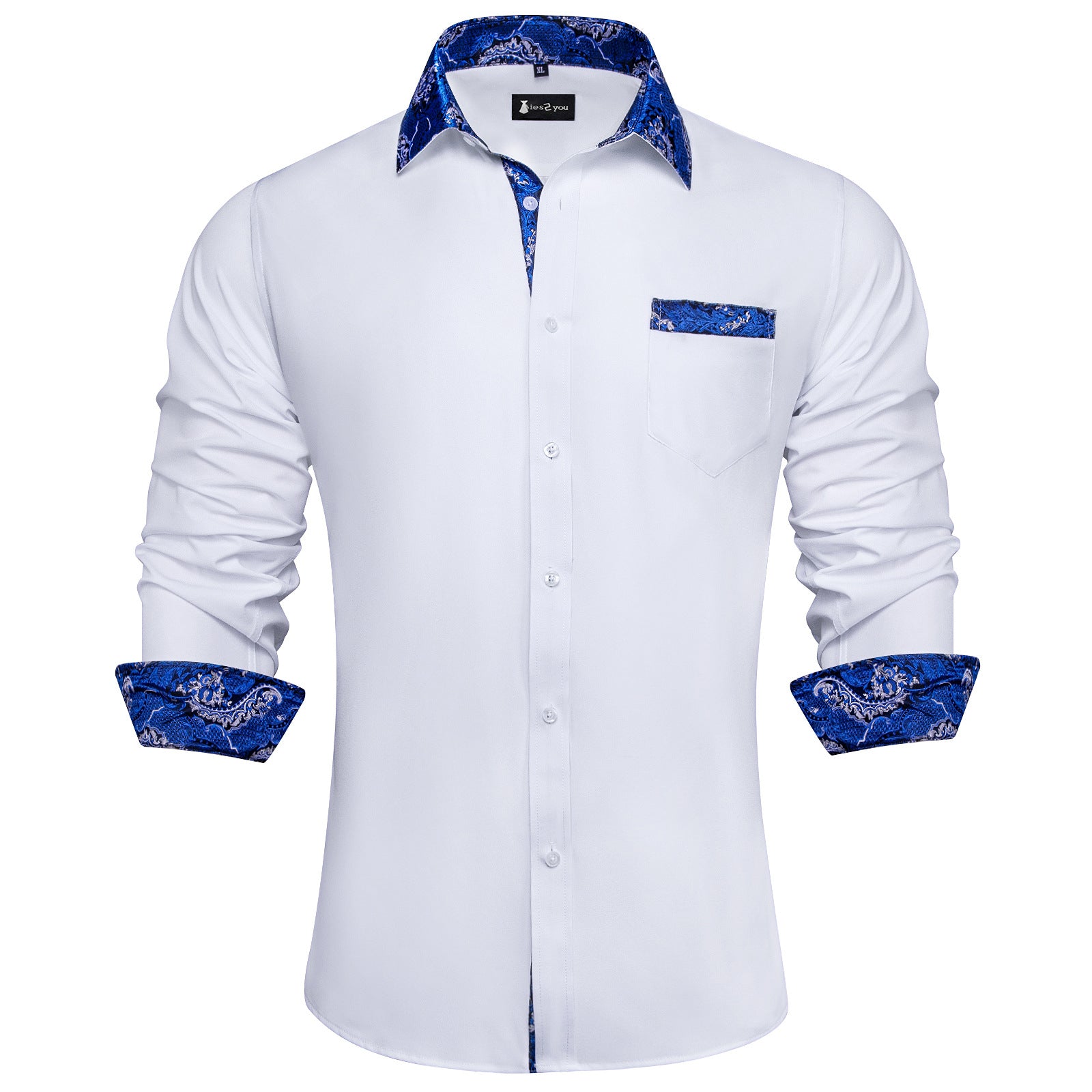 Ties2you Mens White Blue Splicing Dress Shirt Long Sleeve Button Down Business Shirt