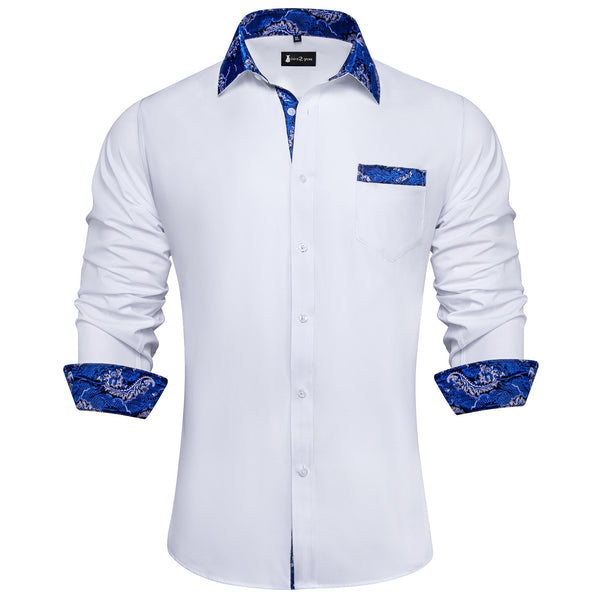 Ties2you Mens White Blue Splicing Dress Shirt Long Sleeve Button Down Business Shirt
