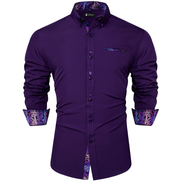 Ties2you Mens Shirt Long Sleeve Purple Paisley Splicing Casual Button Down Shirt