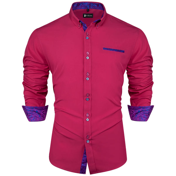 Ties2you Mens Shirt Deep Pink Splicing Long Sleeve Button Down Business Casual Shirt