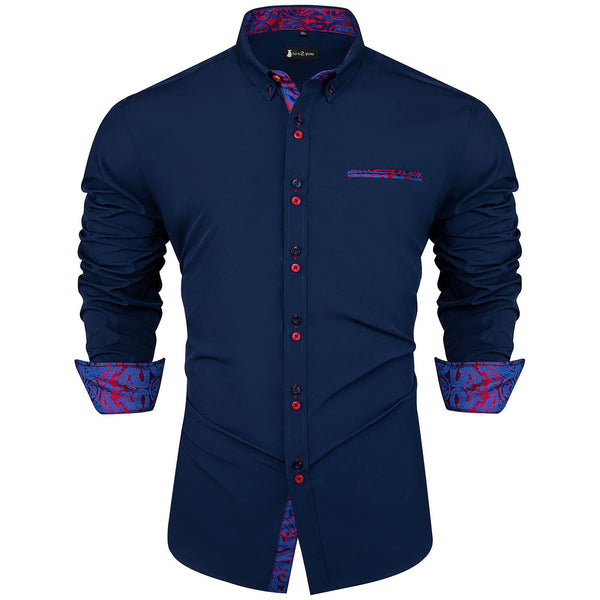 Ties2you Mens Shirt Navy Blue Splicing Dress Shirt Long Sleeve Button Down Business Shirt