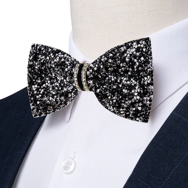 Classic Black Silver Imitated Rhinestone Bow Ties for Men -Pre Tied Sequin Adjustable Length Bowties for Wedding Party