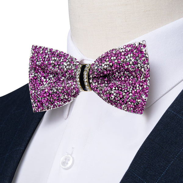 Fashion Deep Purple Silver Imitated Rhinestone Bow Ties for Men -Pre Tied Sequin Adjustable Length Groom Bowties for Wedding Party Dress Suit