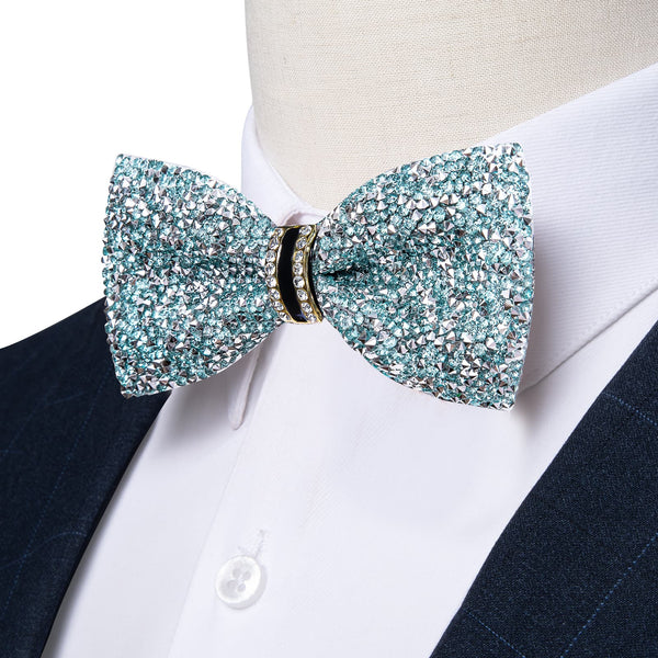 Light Blue Silver Imitated Rhinestone Bow Ties for Men -Pre Tied Sequin Bowties Men with Adjustable Length for Wedding Party