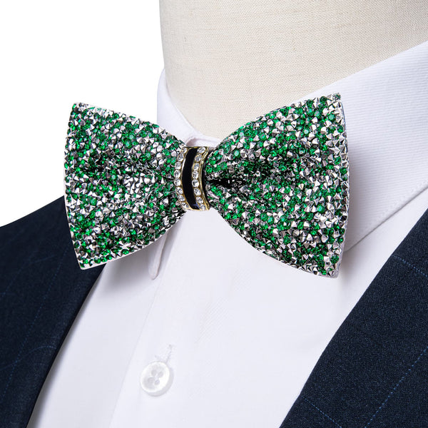 Imitated Rhinestone Bow Ties for Men - Green Silver Pre Tied Sequin Bowties Men with Adjustable Length