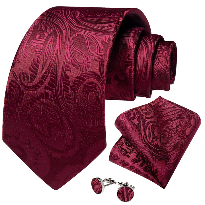 mens silk paisley Burgundy Red tie pocket square cufflinks set