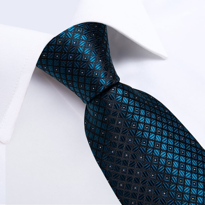 Teal blue plaid silk mens dress suit tie pocket square cufflinks set for business