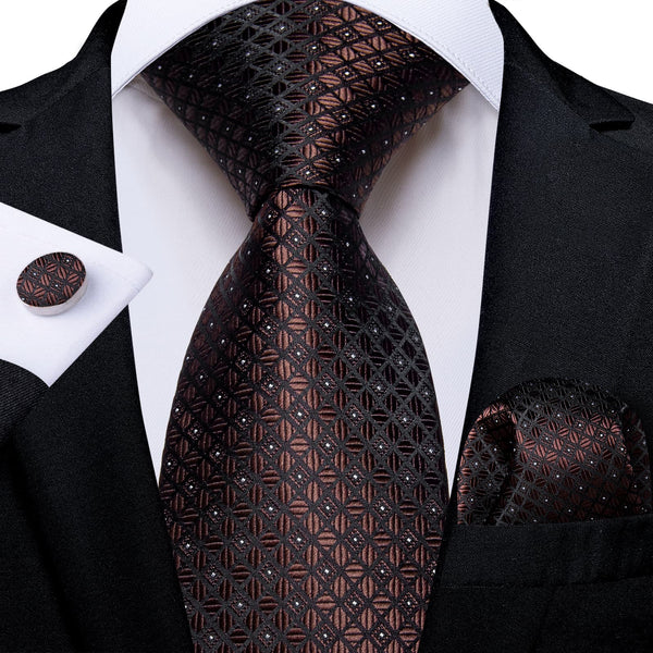 deep brown plaid mens silk dress ties pocket square cufflinks set