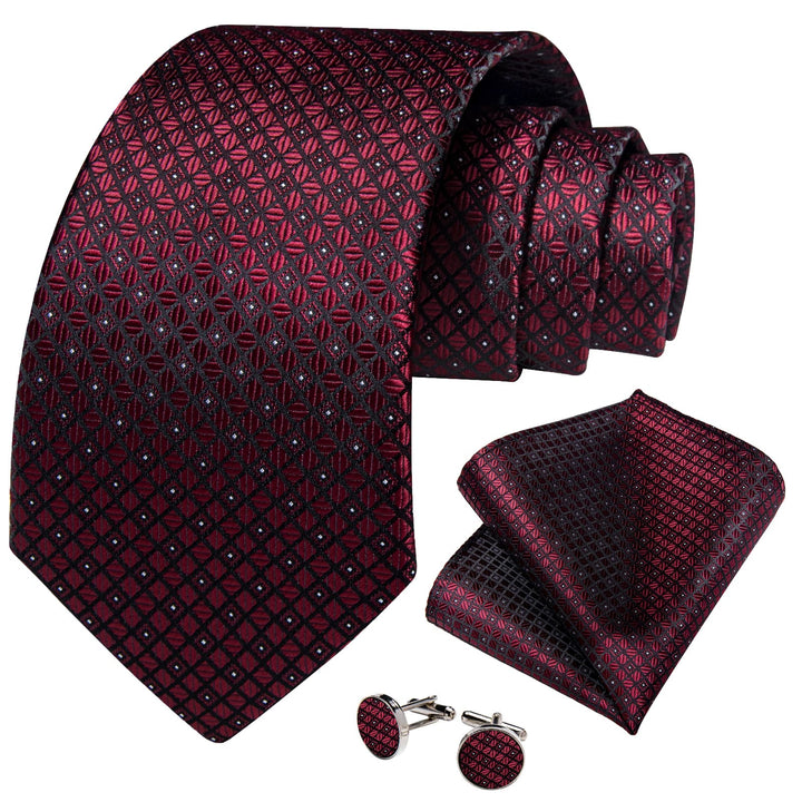 Burgundy Red plaid mens silk ties pocket square cufflinks set