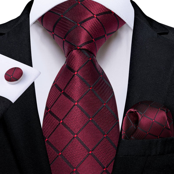 Burgundy Red plaid silk mens Tuxedo Dress suit ties pocket square cufflinks set