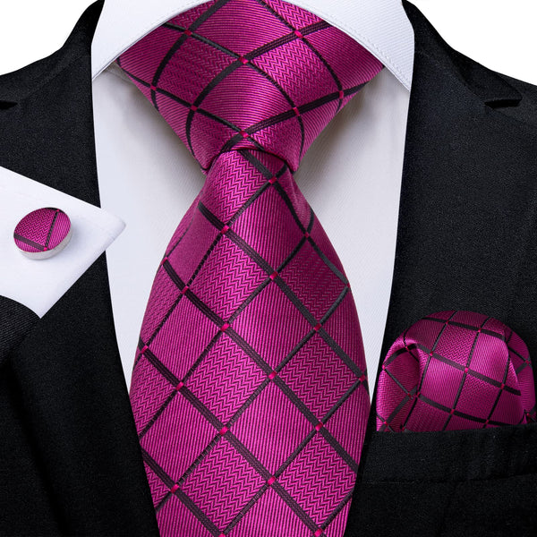 purple pink plaid silk mens business suit ties pocket square cufflinks set