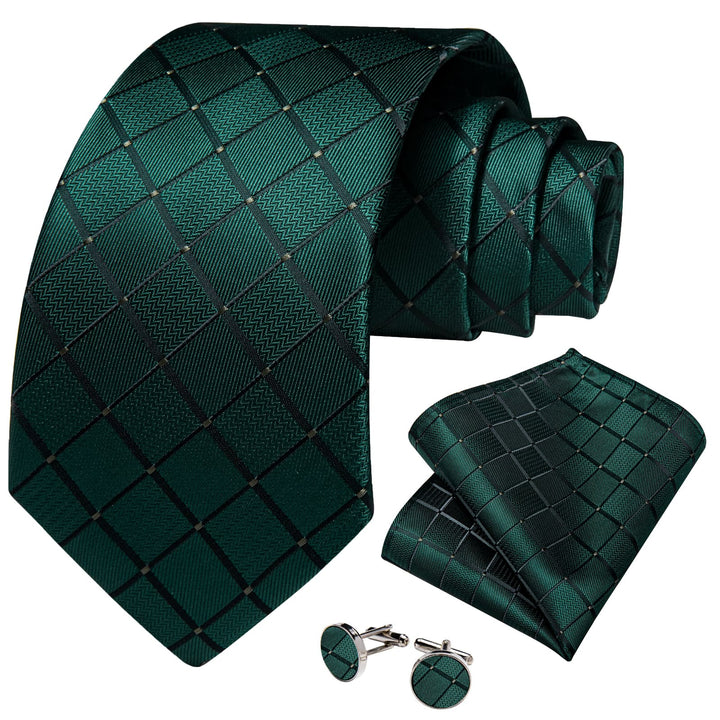 Sapphire Pine Green plaid mens silk business tie hanky cufflinks set
