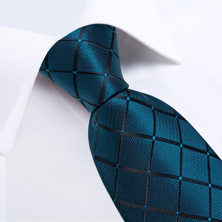 Formal Ties Deep Teal Plaid Silk Mens Tie Handkerchief Cufflinks Set for Tuxedo Dress Suit