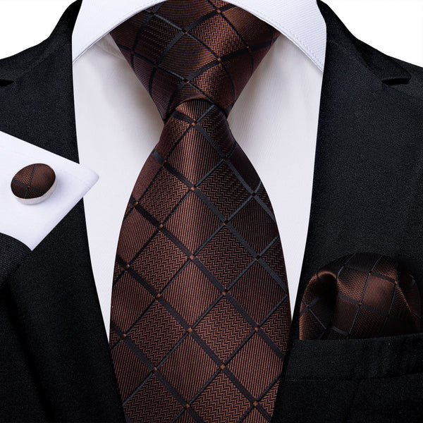 Formal Ties Deep Brown Plaid Silk Mens Tie Handkerchief Cufflinks Set for Tuxedo Dress