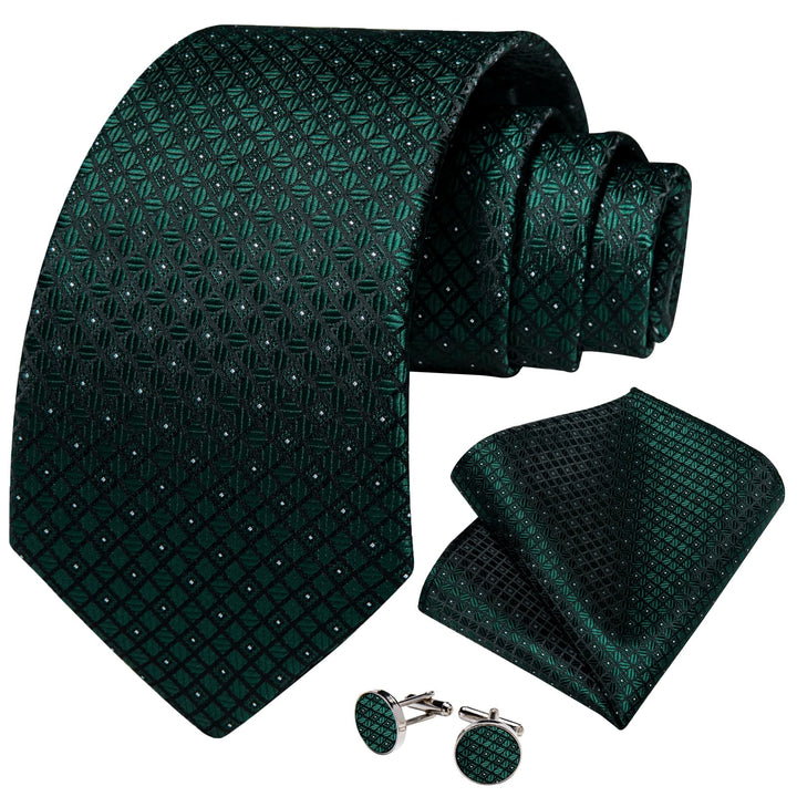 dark green plaid silk mens suit tie pocket square cufflinks set for business Tuxedo dress