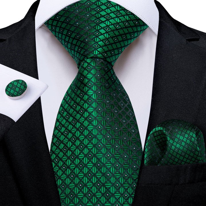 silk plaid Emerald Green tie pocket square cufflinks set for office mens suit