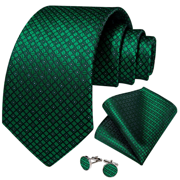 silk plaid Emerald Green tie pocket square cufflinks set for office mens suit