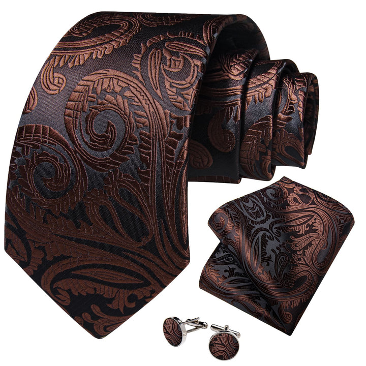 deep brown paisley mens silk office business ties pocket square cufflinks set