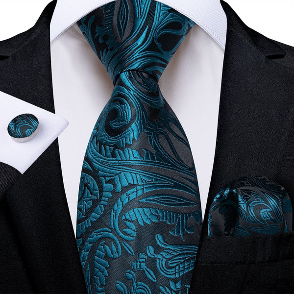 mens silk paisley deep teal ties handkerchief cufflinks set for business office