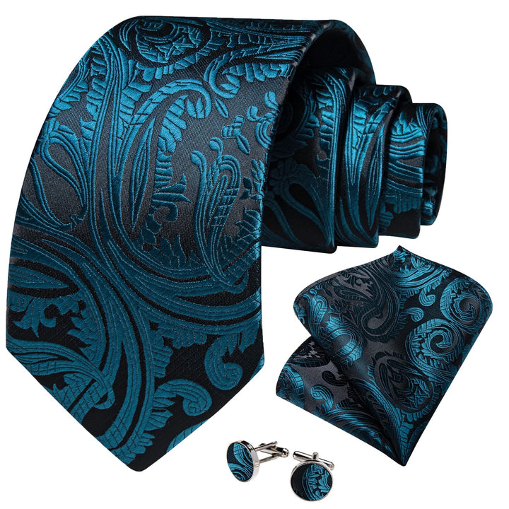 mens silk paisley deep teal ties handkerchief cufflinks set for business office