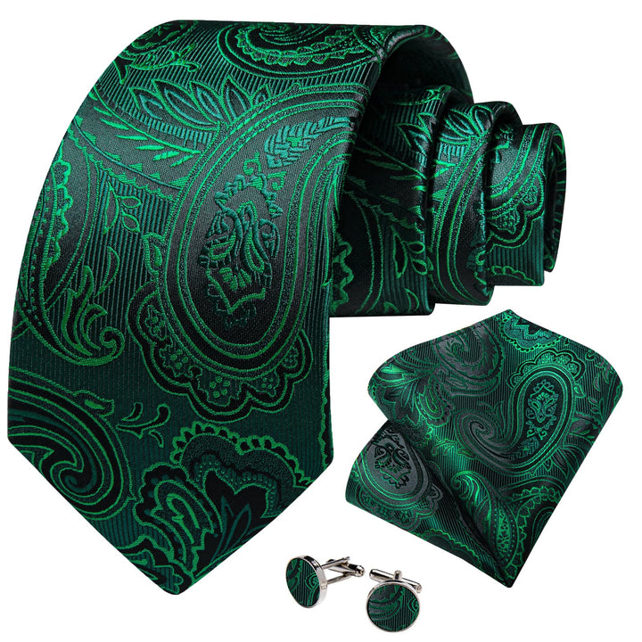 mens silk floral Emerald Green ties handkerchief cufflinks set for mens suit dress