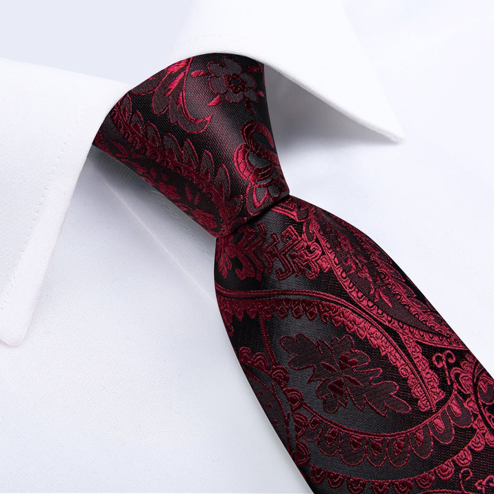 mens silk Paisley Burgundy Red ties pocket square cufflinks set for wedding