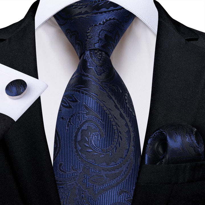 silk deep blue floral wedding ties pocket square cufflinks set for mens suit top
