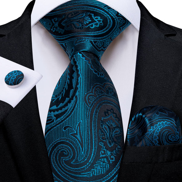 Dark Cyan paisley mens silk ties handkerchief cufflinks set for business office