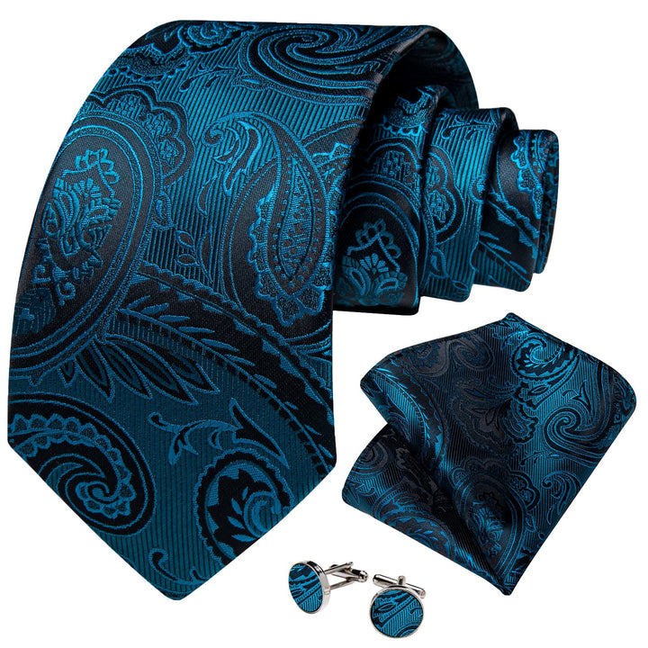 Dark Cyan paisley mens silk ties handkerchief cufflinks set for business office