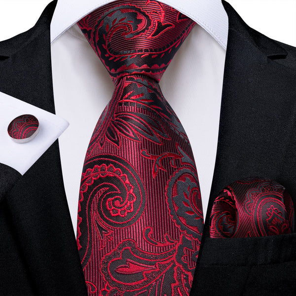 Fire Brick red paisley mens silk wedding ties pocket square cufflinks set