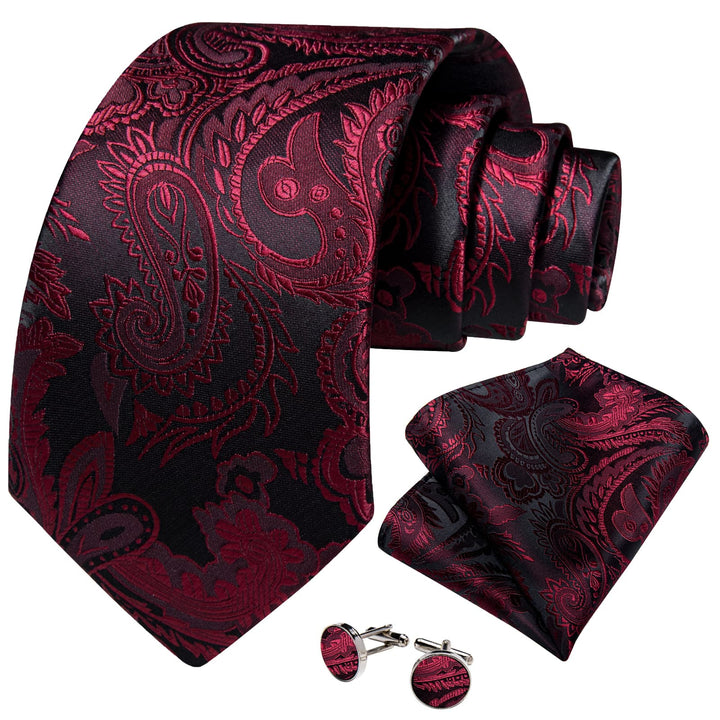 Burgundy Red paisley silk mens wedding ties handkerchief cufflinks set for suit dress
