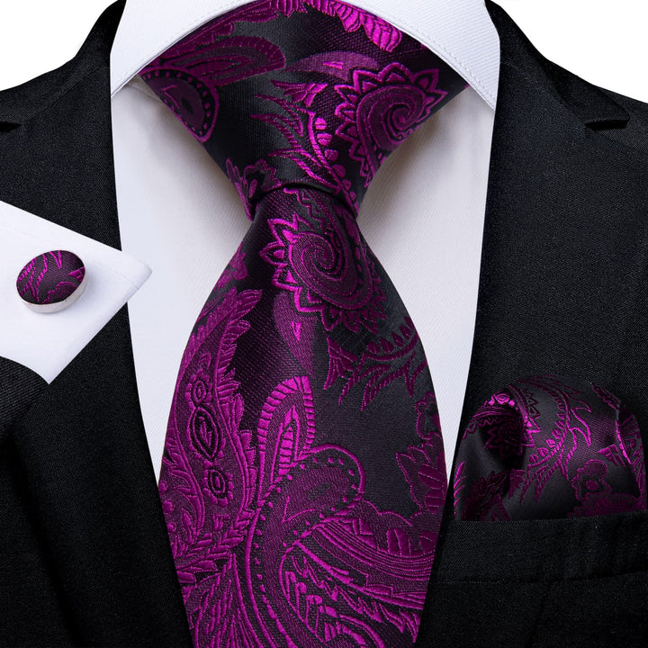 silk mens deep purple floral ties handkerchief cufflinks set 