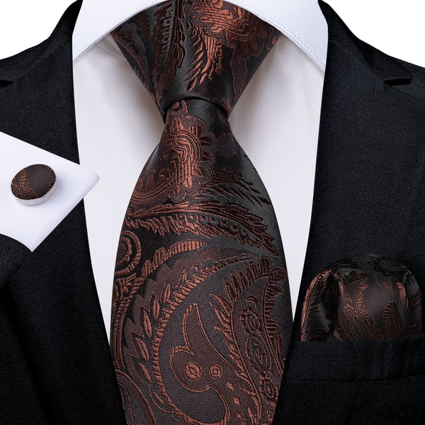 Formal Ties Pecan Brown Paisley Silk Mens Tie Hanky Cufflinks Set for Tuxedo Dress Suit