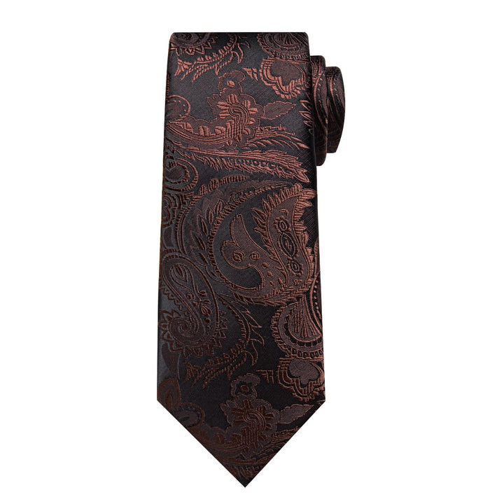 Formal Ties Pecan Brown Paisley Silk Mens Tie Hanky Cufflinks Set for Tuxedo Dress Suit