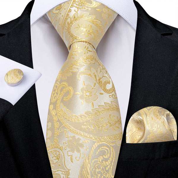 Formal Wedding Ties Yellow Paisley Silk Mens Tie Hanky Cufflinks Set for Tuxedo Dress