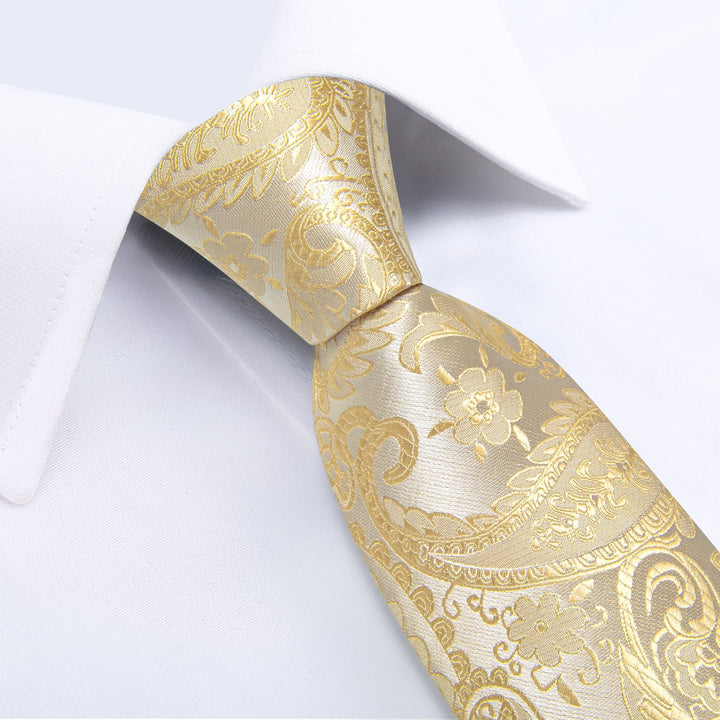 Formal Wedding Ties Yellow Paisley Silk Mens Tie Hanky Cufflinks Set for Tuxedo Dress
