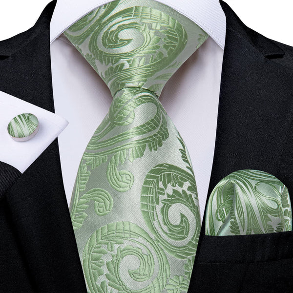 paisley silk mens Sage Green ties pocket square cufflinks set for business