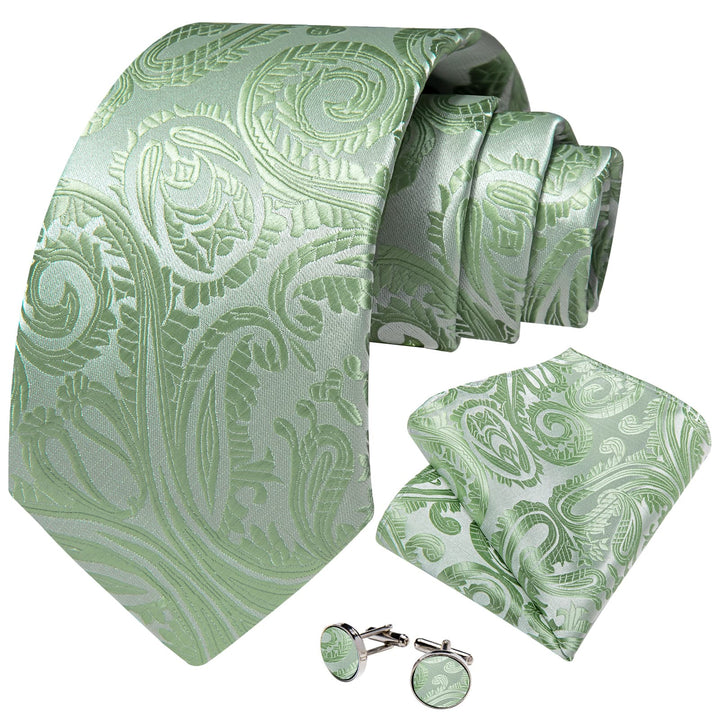 paisley silk mens Sage Green ties pocket square cufflinks set for business