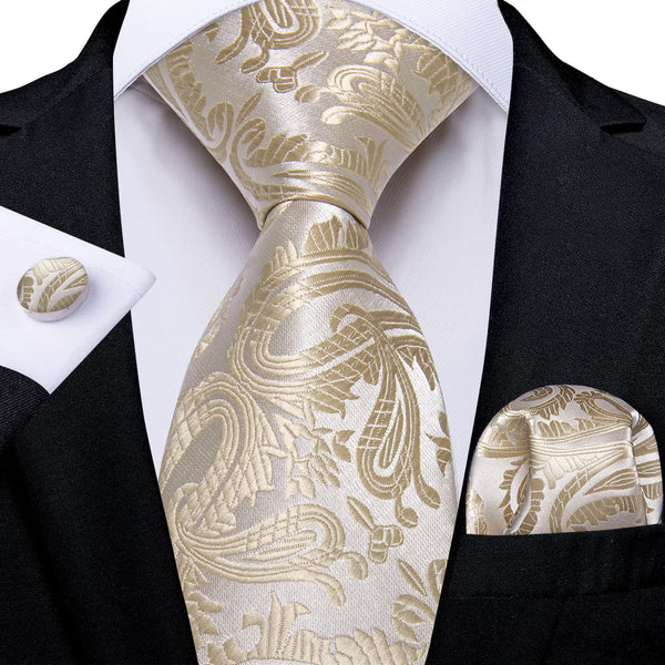 mens silk paisley Cream color ties handkerchief cufflinks set for wedding