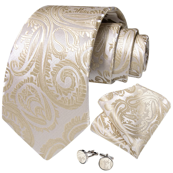 mens silk paisley Cream color ties handkerchief cufflinks set for wedding
