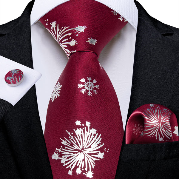 Ties2you Maroon Necktie Xmas Silk Snowflake Tie Handkerchief Cufflinks Set for Holiday