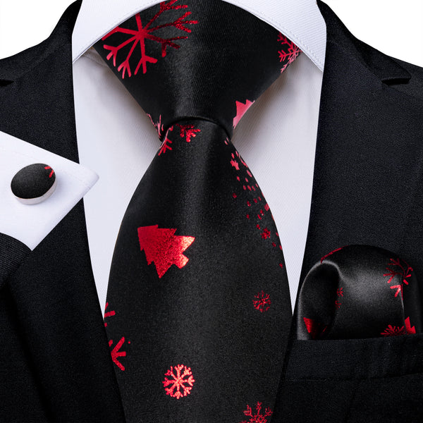Ties2you Holiday Necktie Black Silk Snowflake Tie Handkerchief Cufflinks Set for Holiday