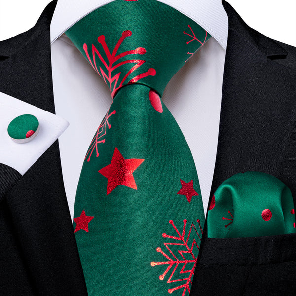 Ties2you Xmas Necktie Hunter Green Snowflake Tie Handkerchief Cufflinks Set