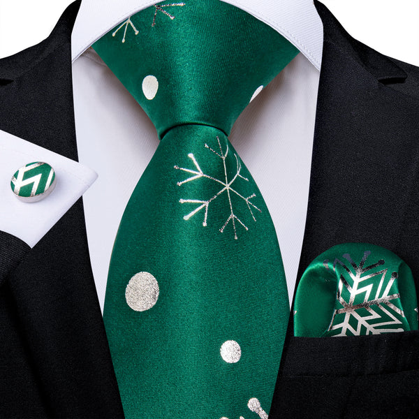 Ties2you Hunter Green Necktie Xmas Snowflake Silk Tie Pocket Square Cufflinks Set