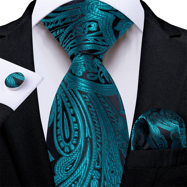 Ties2you Mens Tie Teal Blue Paisley Necktie Pocket Square Cufflinks Set
